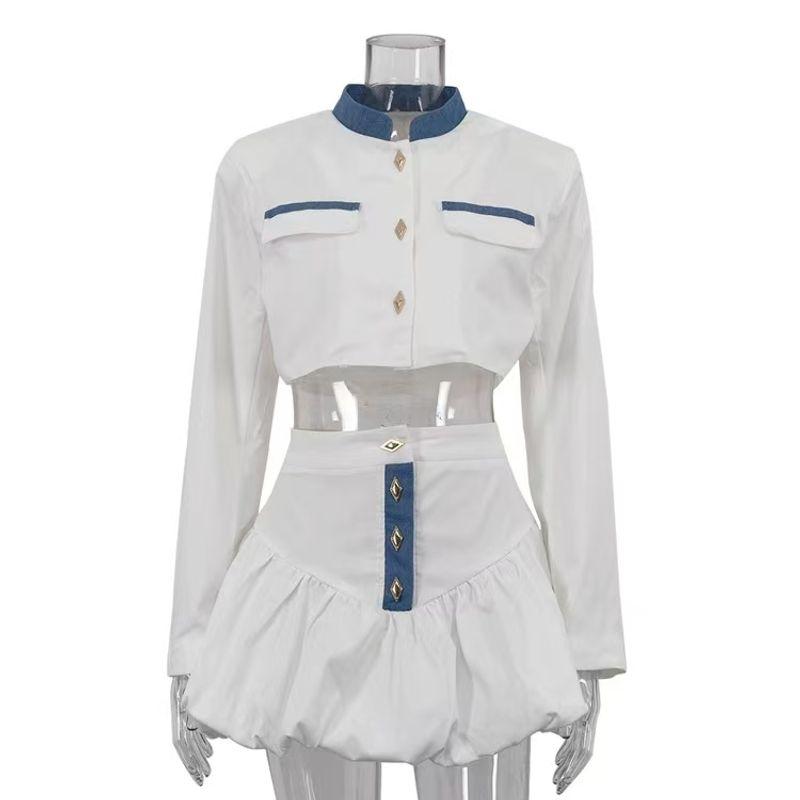 

Fashion Wind New Arrival Fashion Long Sleeve Short Top Shorts Two-piece Set Short Top and Skirt Set White S