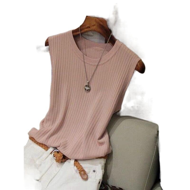 High-end knitted sweater sleeveless T-shirt women's summer slim-fitting and thin celebrity temperament versatile top trend