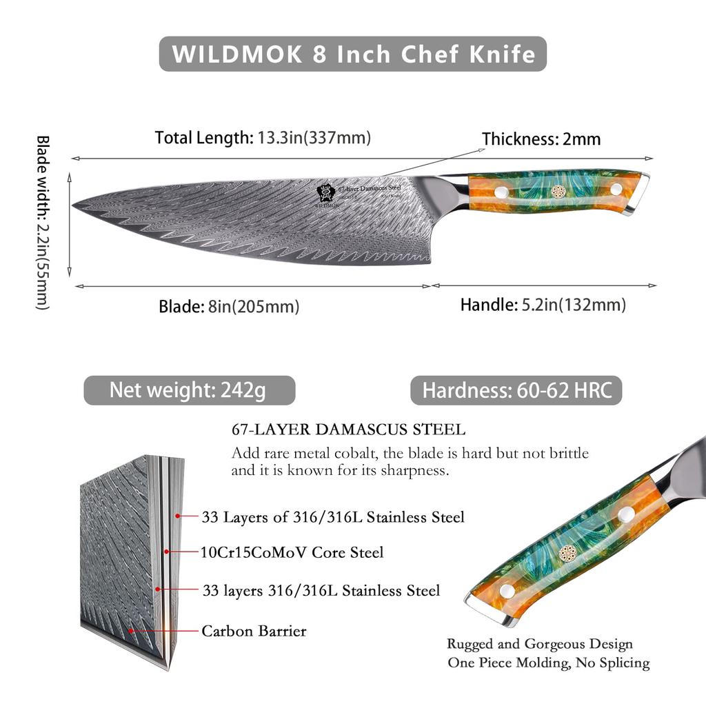 WILDMOK Kochmesser, 8 Zoll Damast Japanisches Kochmesser Schwarzer Harzgriff Küchenmesser