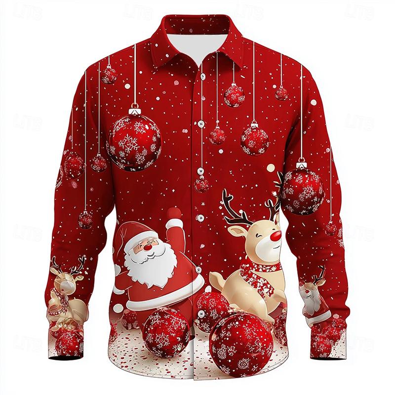 Christmas Men's Dress Shirt with Red Snowflake and Cedar Pattern, Black Lapel Bow Tie, Festive Party Style Men's Shirt