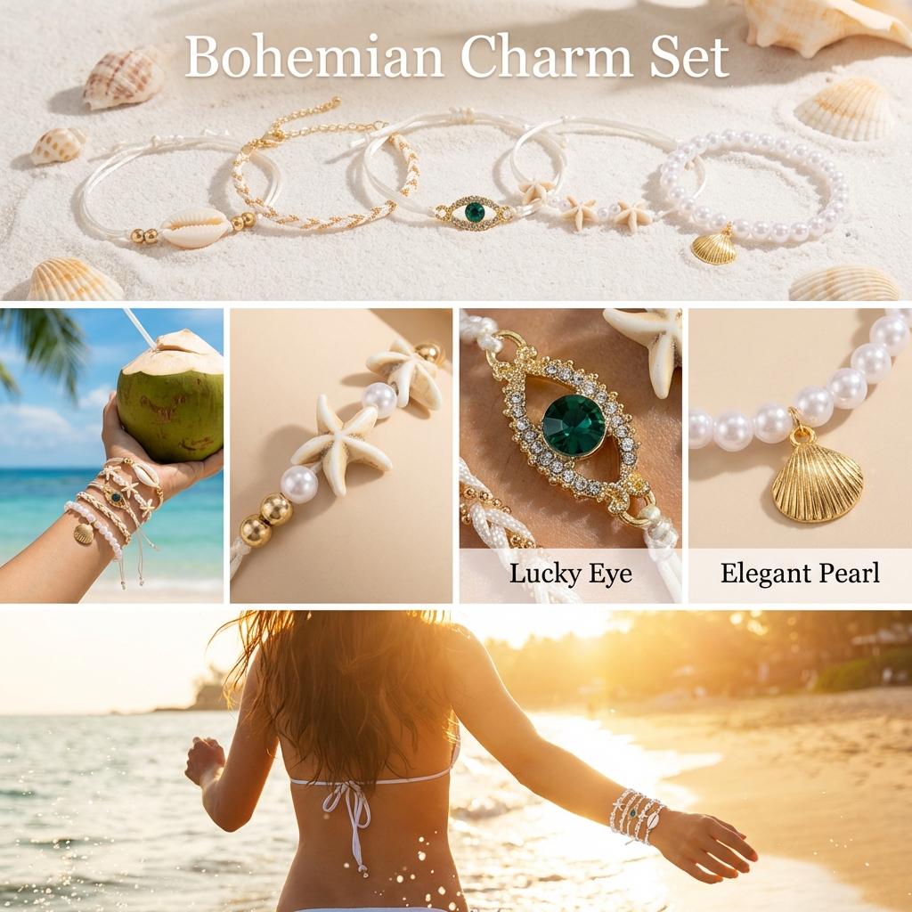 5Pcs Bohemian Shell Pearl Bracelets Set for Women Fashion Gold Color Evil Eye Charm Multilayer Bangles Summer Beach Jewelry Gift