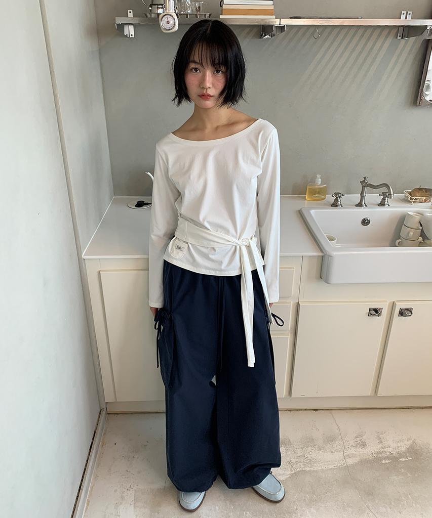 RONRON Ribbon String Wide Cargo Pants Navy