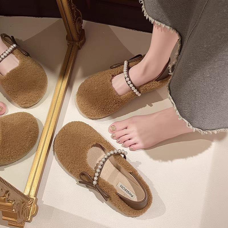 Flat Bean Shoes for Women 2026 Autumn Korean Edition Warm Lazy Butterfly Knot Hairy Cotton Shoes for Women