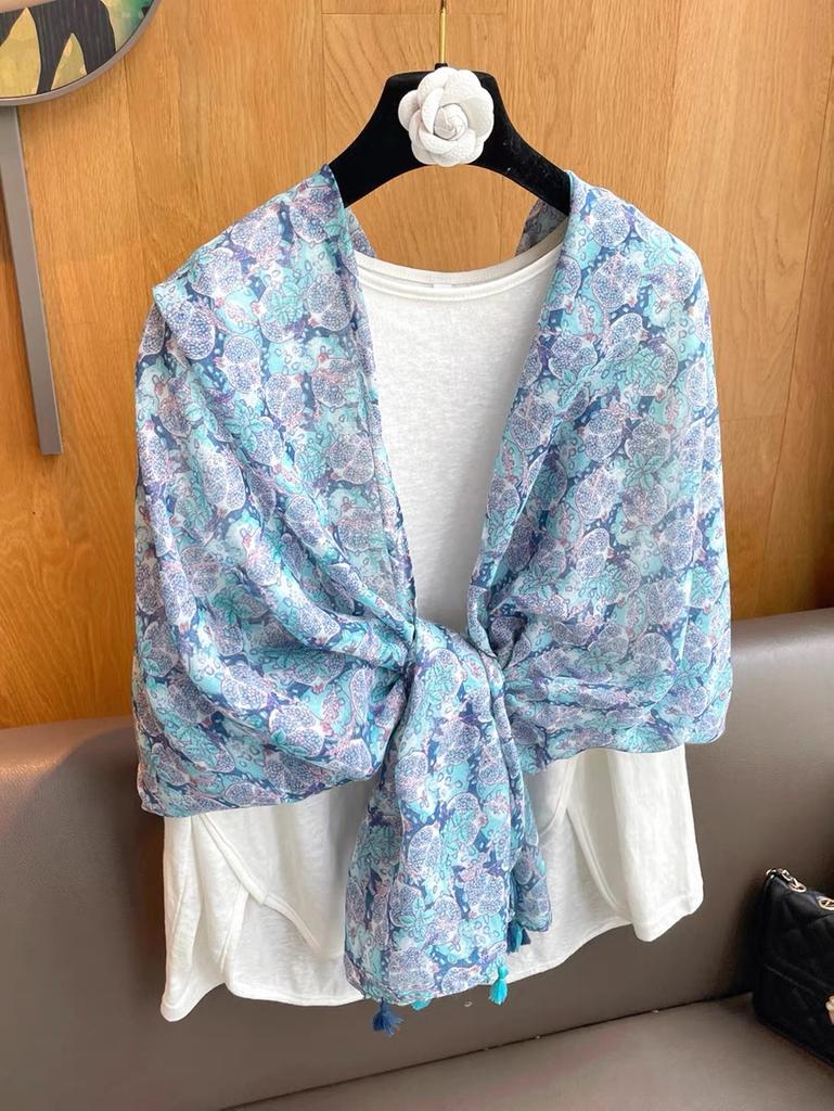 Women'S Floral Print Scarf 180X90Cm Warm Fashion Shawl With Tassels Lightweight Rectangular Sand-Proof Beach Wrap Muslim Hijab