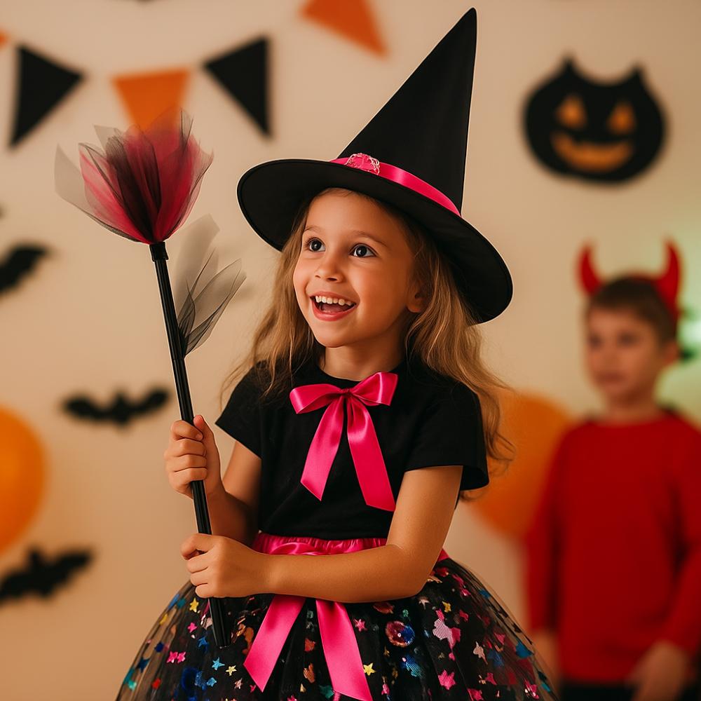 3Pcs/set Pointy Hat Kids Witch Dress Set Wizard Halloween Cosplay Costumes  Girls