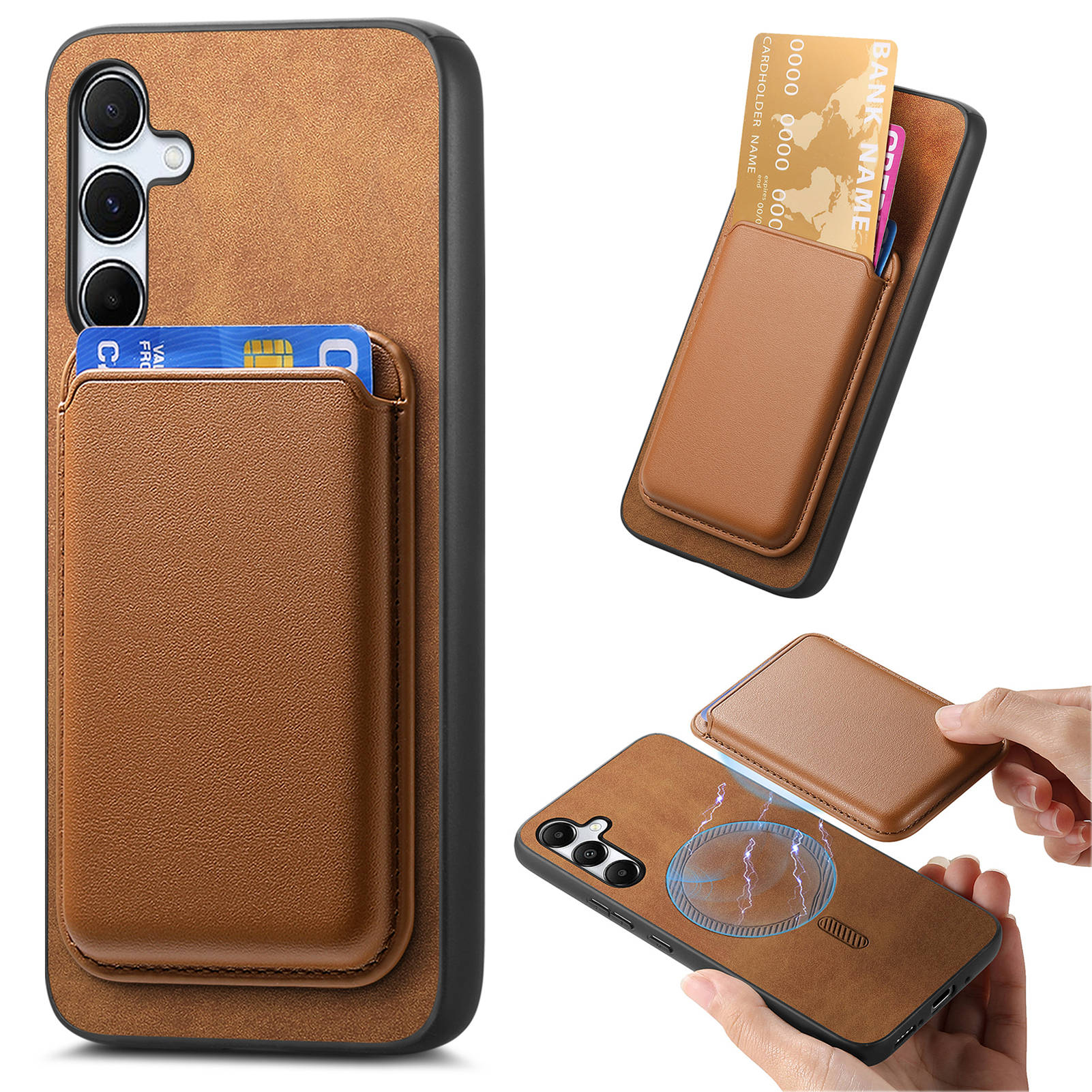 

B2 For Samsung Galaxy A55 5G Magnetic Phone Case Leather+TPU Cover with Card Bag Brown