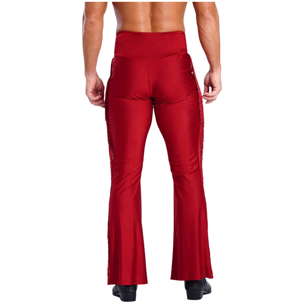 Mens Tassel Flared Pants Vintage High Waist Bell Bottom Trousers Dance Stage Performance