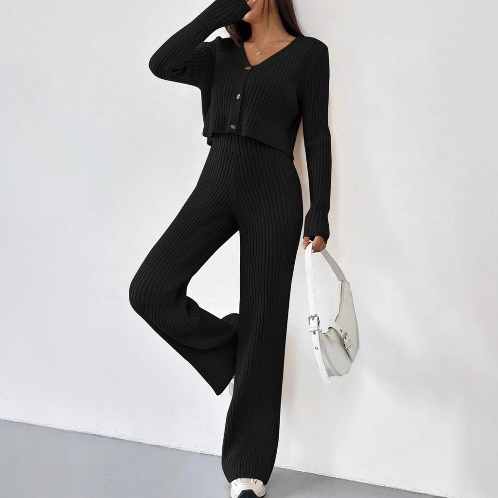Europe, America, autumn and winter high-end women's sweater fashion wide-leg pants V-neck short knitted cardigan two-piece set