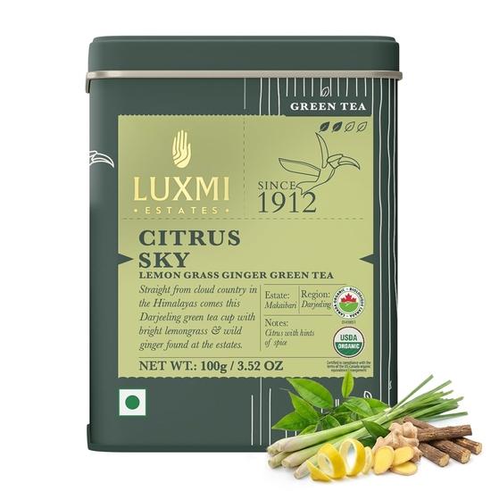 Luxmi Estates Citrus Sky Lemongrass Ginger Green Tea - 100gm Tin Loose Leaf | Certified Organic Darjeeling