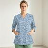 Women's Printed V-Neck Uniform Top with Single Pocket and Side Slit, 3/4 Sleeve