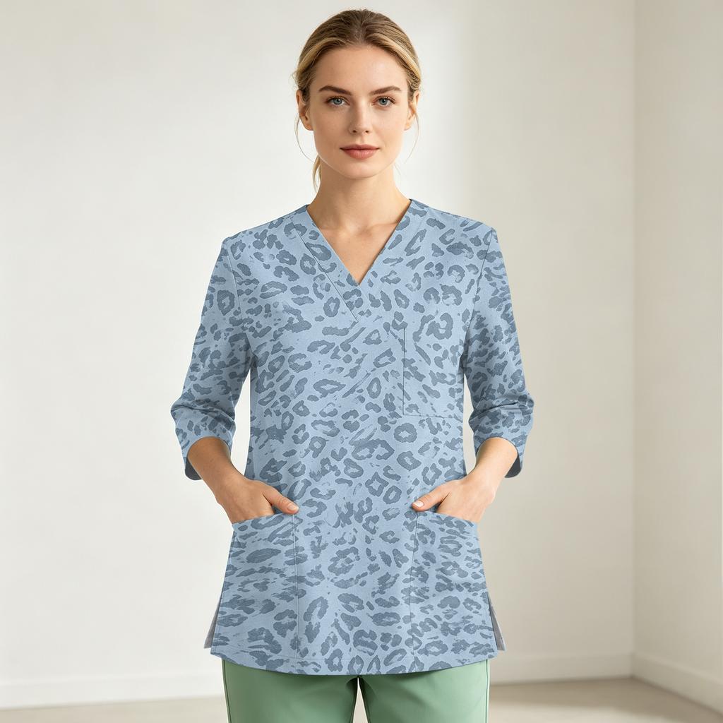 Women's Printed V-Neck Uniform Top with Single Pocket and Side Slit, 3/4 Sleeve