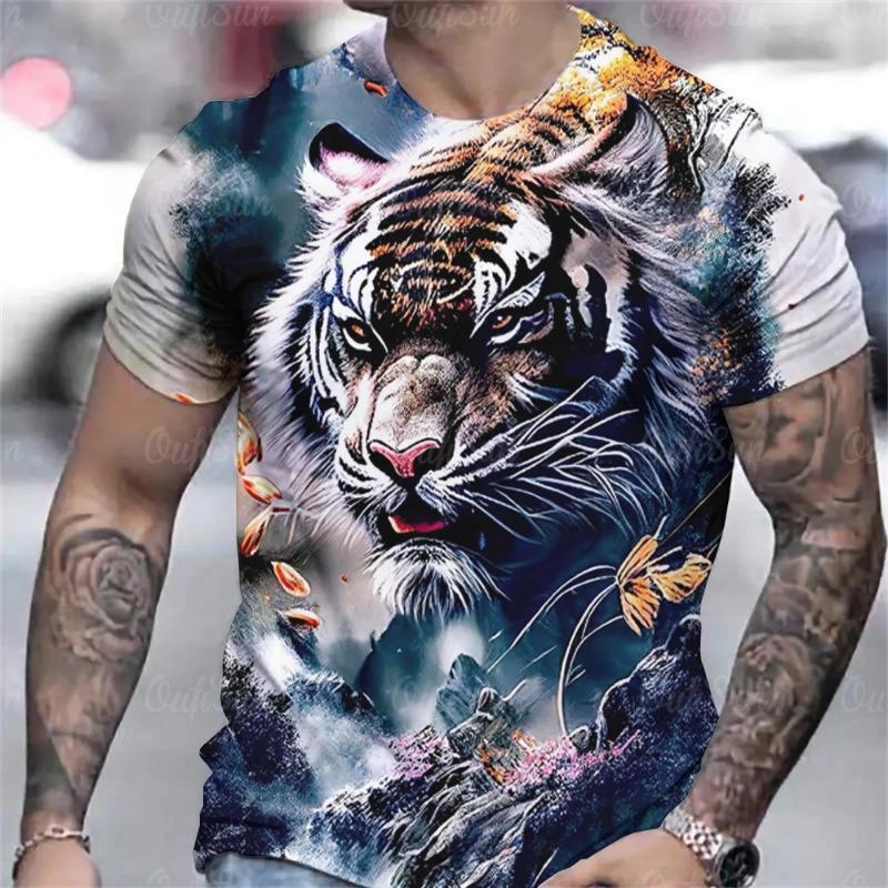 Tiger Print T-Shirt 3D Animal Men's Shirts Summer Short Sleeved Male Pullover Oversized T-shirts Casual Tops Tees Men Clothing