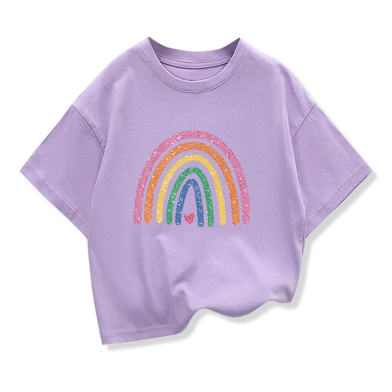 Baby Girl Summer White Clothes Kid Girls Casual Rainbow Printed Tshirts Children Fashion Crew Neck Short Sleeve Top