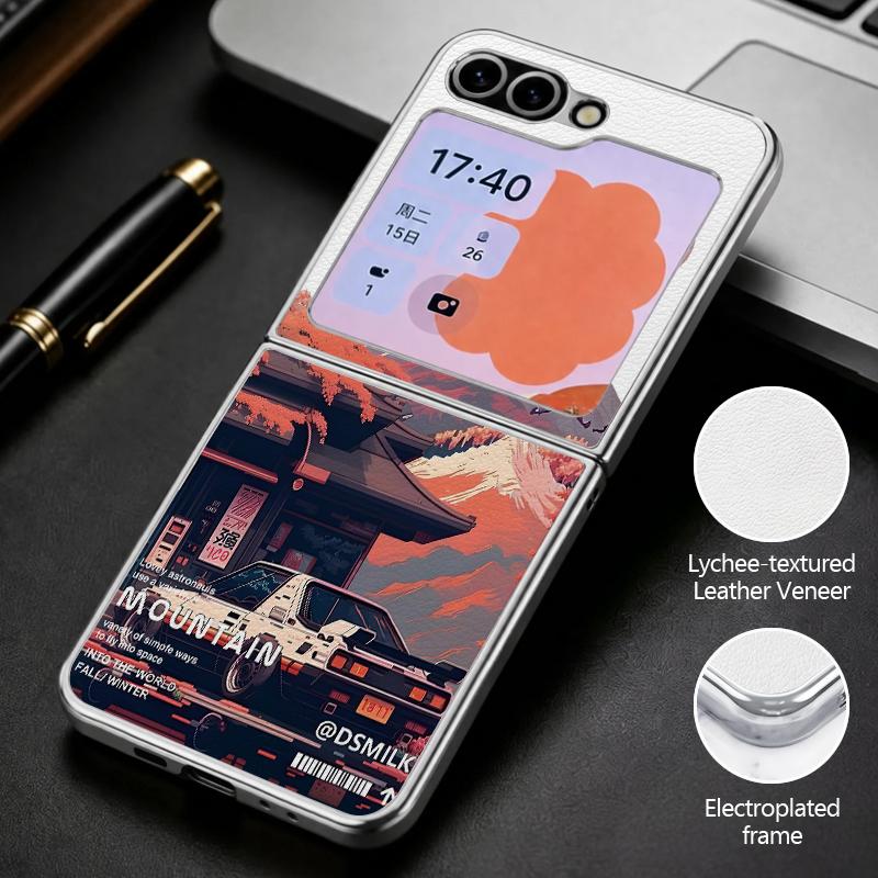 Mountain Landscape Case For Samsung Z Flip 8 7 6 5 Hybrid 3in1 Leather Skin Plating Frame Hard Folding Phone Cover For Galaxy Z Flip8 Flip7 Flip6