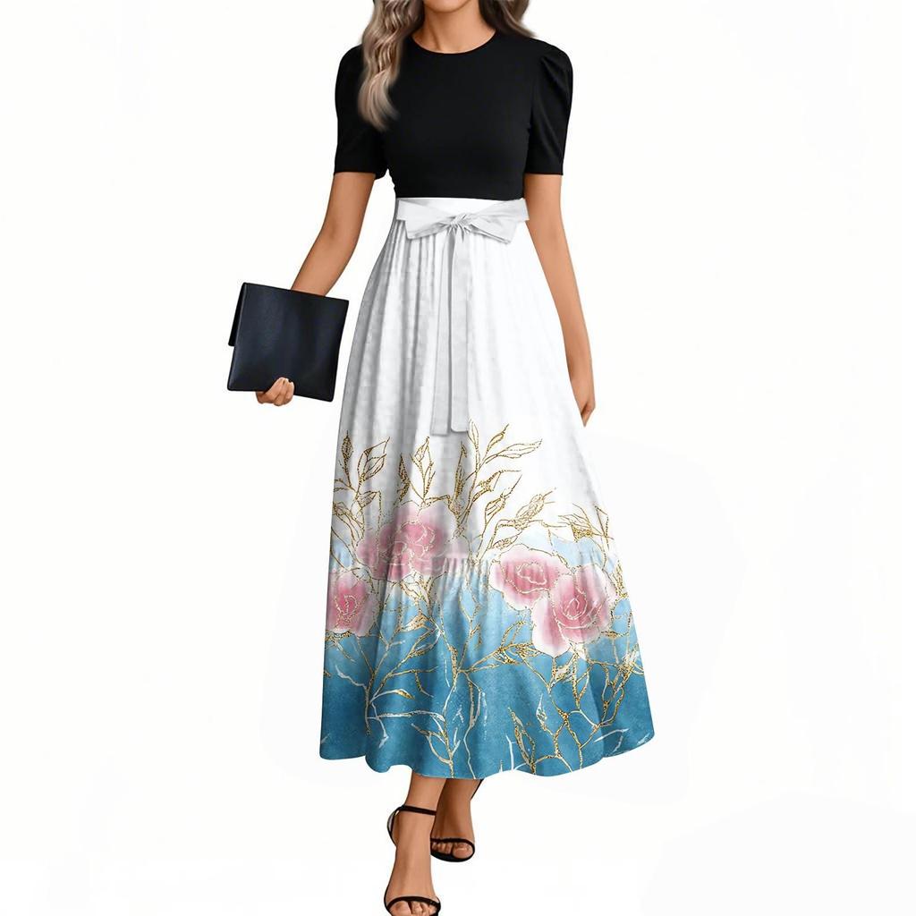 Women's Floral Print High Waist Fashionable And Elegant Dress