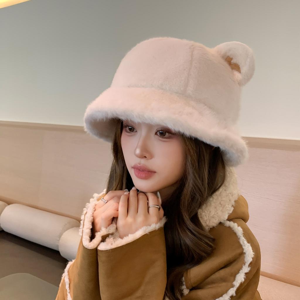 Cute Plush Ears Bucket Hat Women Winter Warm Faux Fur Basin Hat Fashion Casual Outdoor Fisherman Cap