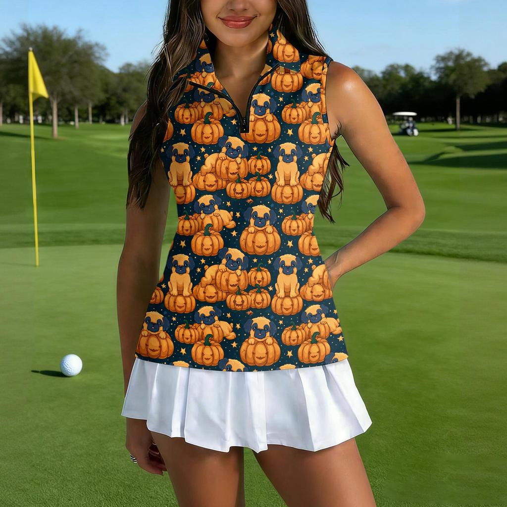 Women's Sleeveless Golf Shirt with Zipper and Collar, Halloween Print Casual Sport Tank Top