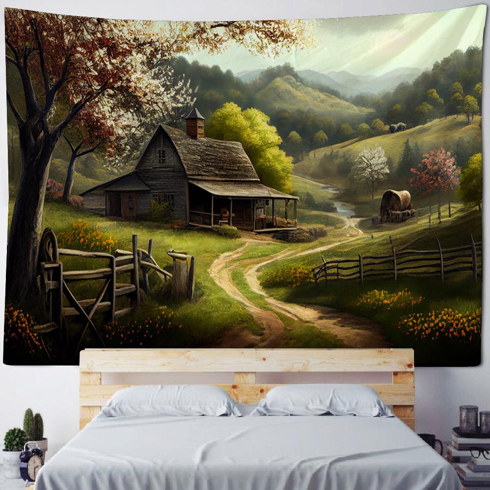 Beautiful wooden house, floral tapestry, forest landscape, home decoration hanging cloth, living room dormitory background cloth