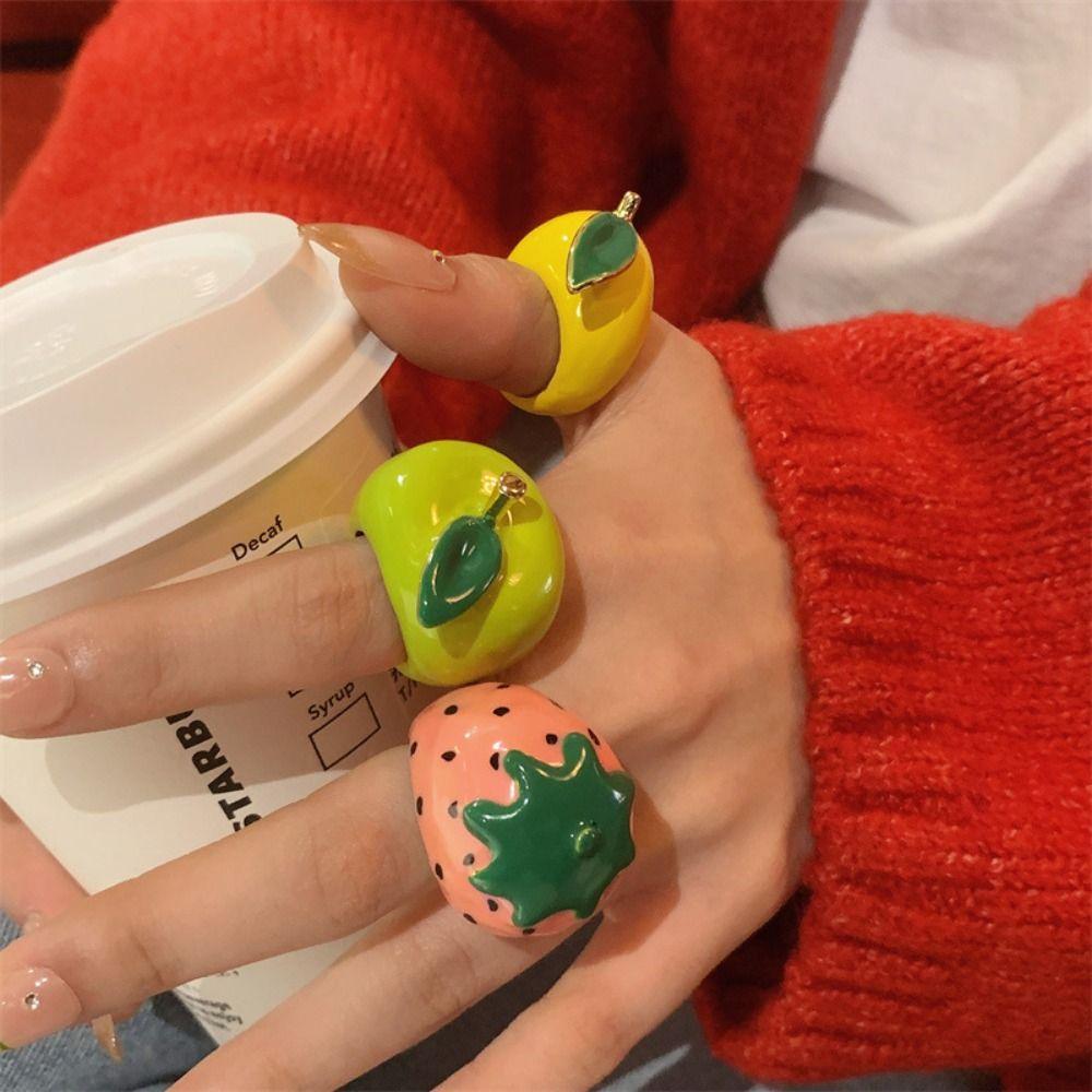 Strawberry Drip Oil Ring Cherry Fruit Enamel Ring Fashion Design Painting Ring  Women