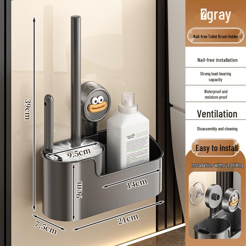 Wall-Mounted Toilet Brush Set with Long Handle and No Dead Corner Design, Punch-Free Installation, for Household Bathroom.