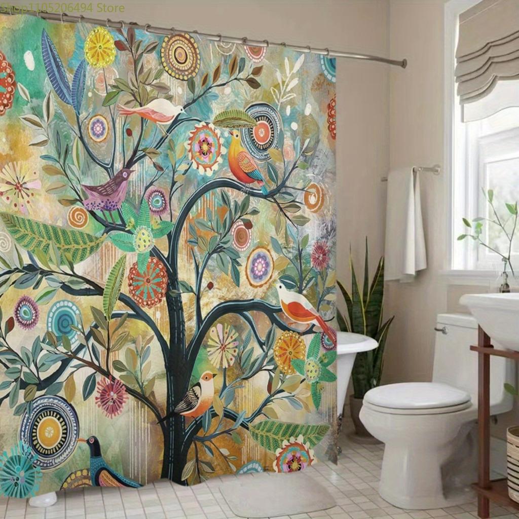 1pc Colorful Birds on Tree Floral Polyester Shower Curtain - Machine Washable Bathroom Decor with Hooks, Vibrant Botanical Pri
