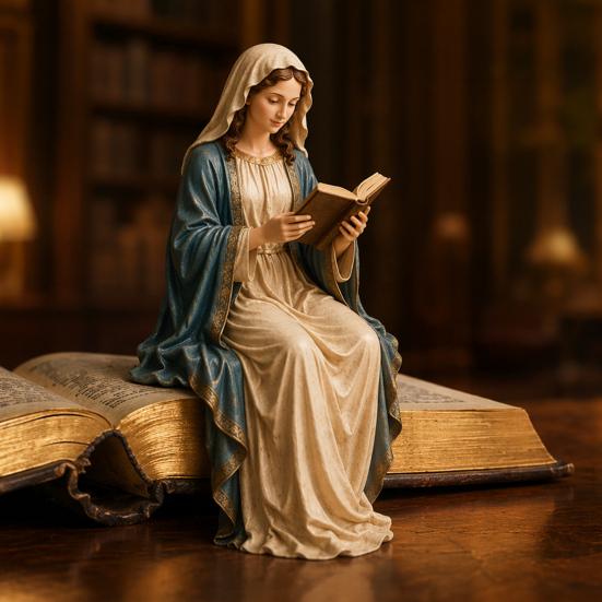 Yousheng Reading Virgin Mary Figurine for Bookshelf, Resin Jesus Statue Shelf Sitter, Decorative Sculpture for Home Office, Gift for Book
