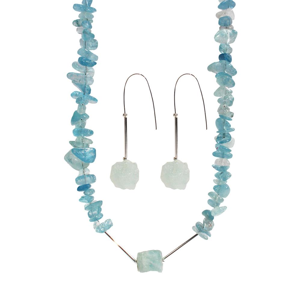 Summer Cool And Icy Imported Natural Aquamarine Beaded Necklace Silver Rock Sugar Square Earrings Set 456