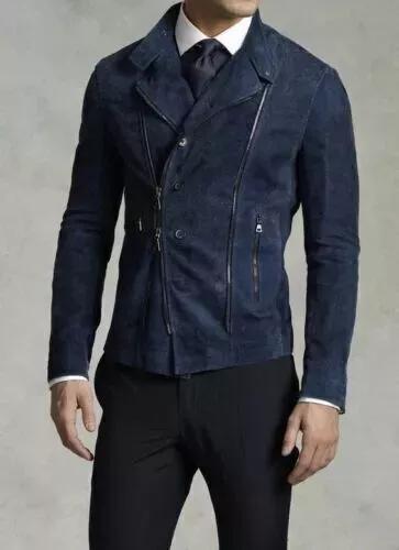 Men Navy Blue Real Soft Suede Jacket Biker Motorcycle Coat Handmade Stylish Casual Party Wear