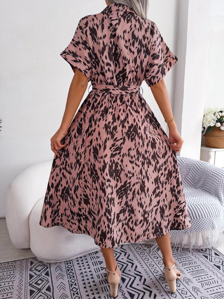 2025 Spring/Summer Casual Leopard Print Tie-Up Shirt Dress for Women
