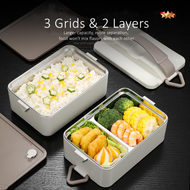 LFGB Certification Pure 304 Stainless Steel 2 Layers Bento Box with Silicone Seal Belt and PP Shell Lunch Box with Handle