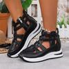 Large size strip hollow sandals summer slope heel round head side zipper thick sole casual style women's shoes