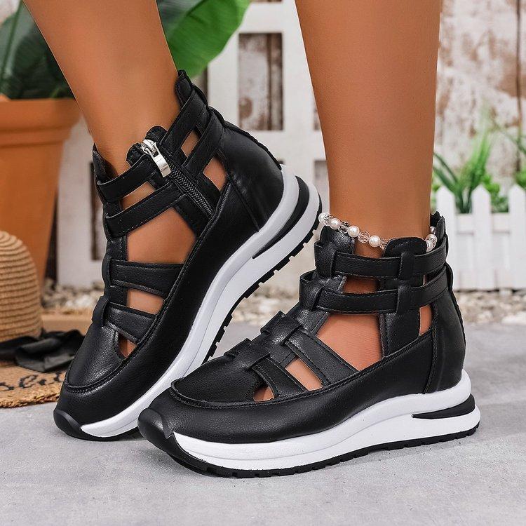 Large size strip hollow sandals summer slope heel round head side zipper thick sole casual style women's shoes