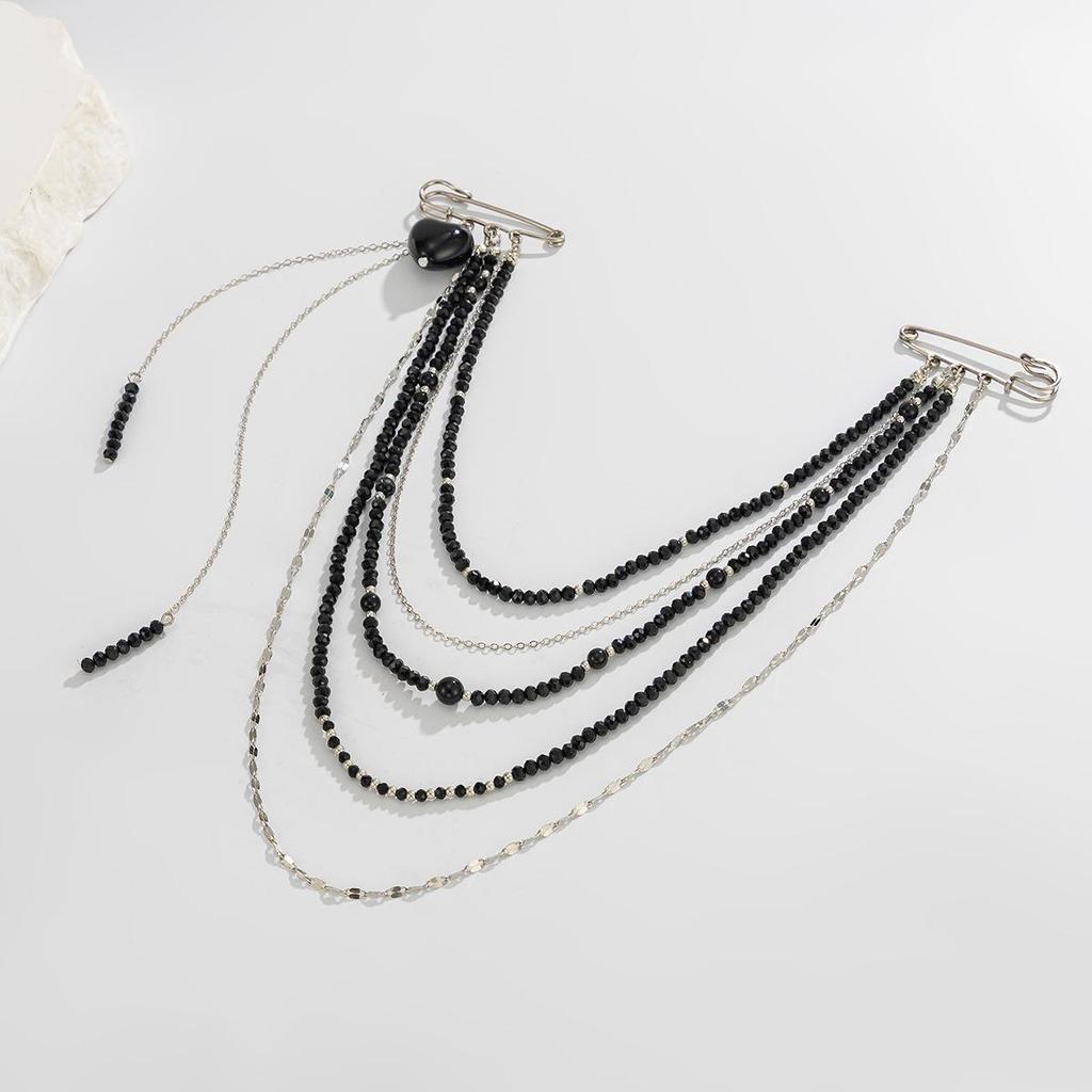 Punk Hip-hop Black Long Crystal Chain Tassel Pendant Brooch Multi-layer Creative Gravel Weaving Girl Fashion Set Jewelry