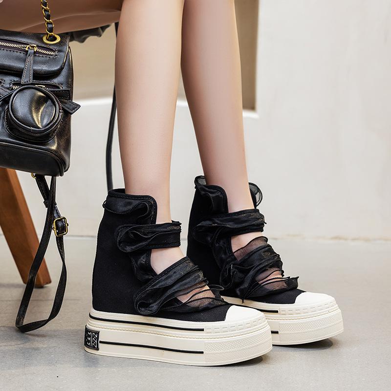 

Fashion 12CM Platform Flat Sandals Women Cowboy Canvas New Summer Boots Wedges Hook-loop Casual Shoes High Top Designer High Heels Shoes 40 чёрный