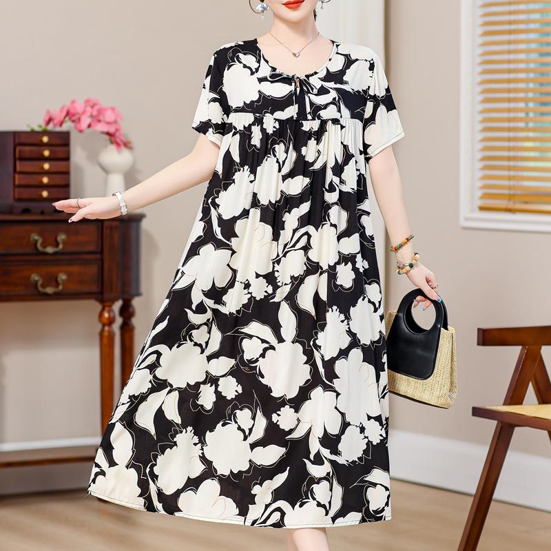 Plus Size Elegant Loose Dresses for Women Oversize Short Sleeve Vintage Print Long Dress Casual Middle-aged Women's Clothing