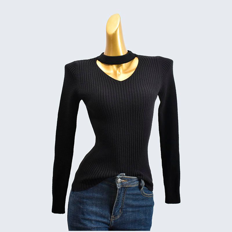 and Winter Halterneck V-neck Slim-Fit Long Sleeve Knitting Sweater Pullover All-Matching Thread Pure Color Bottoming Shirt Women's Clothing Tops