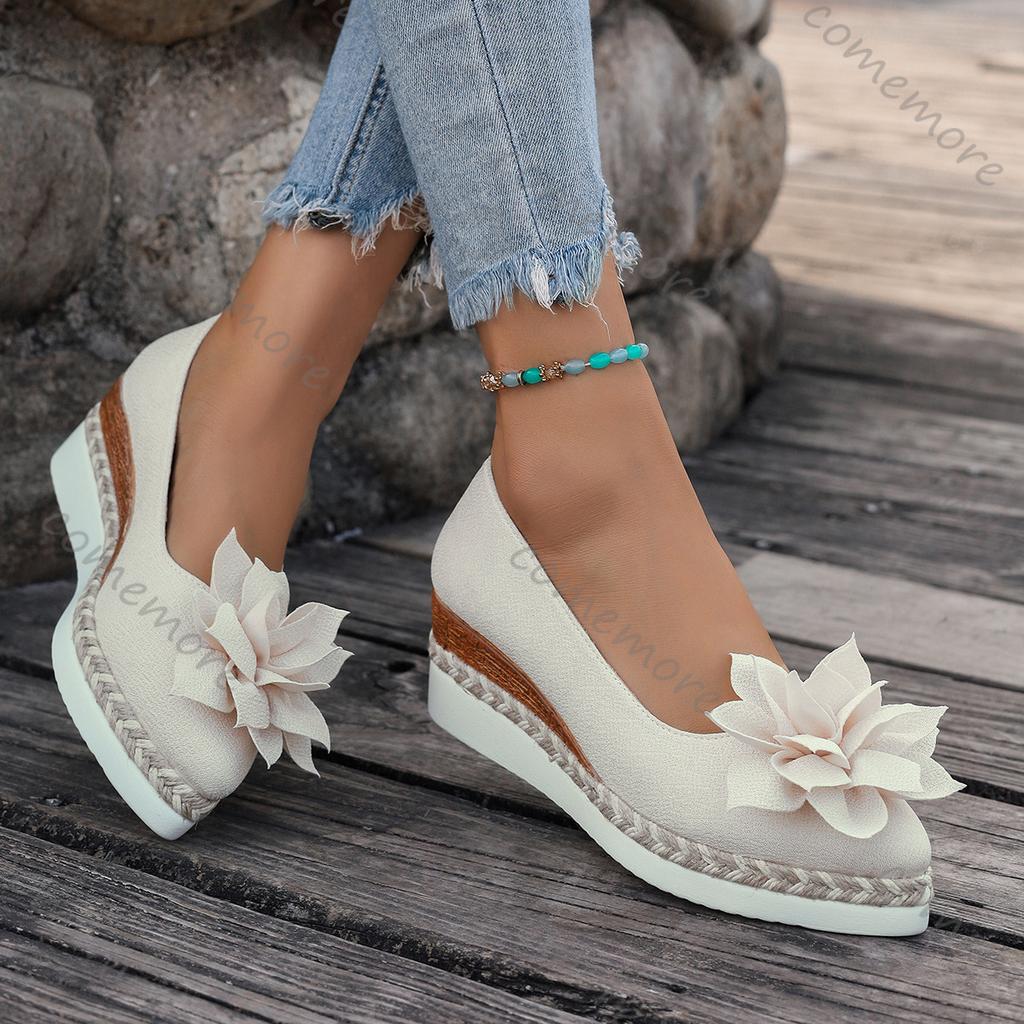 Fashion Comemore Flower-patterned Women Pumps Spring Summer Casual Wedge High Heels Slip On Loafers Flat Bottom Single Shoes for Women