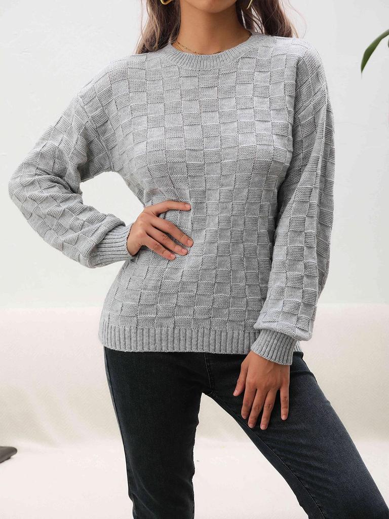 Women's 3D Plaid Headless Sweater - Simple, Loose, Round Neck Knit for Spring & Autumn