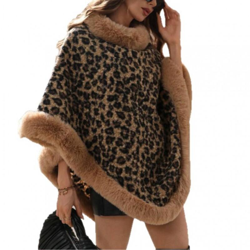 Leopard Print Knit Shawl Cape Women Thick Faux Fur Trimmed Oversized Wrap Street Style Winter Outerwear