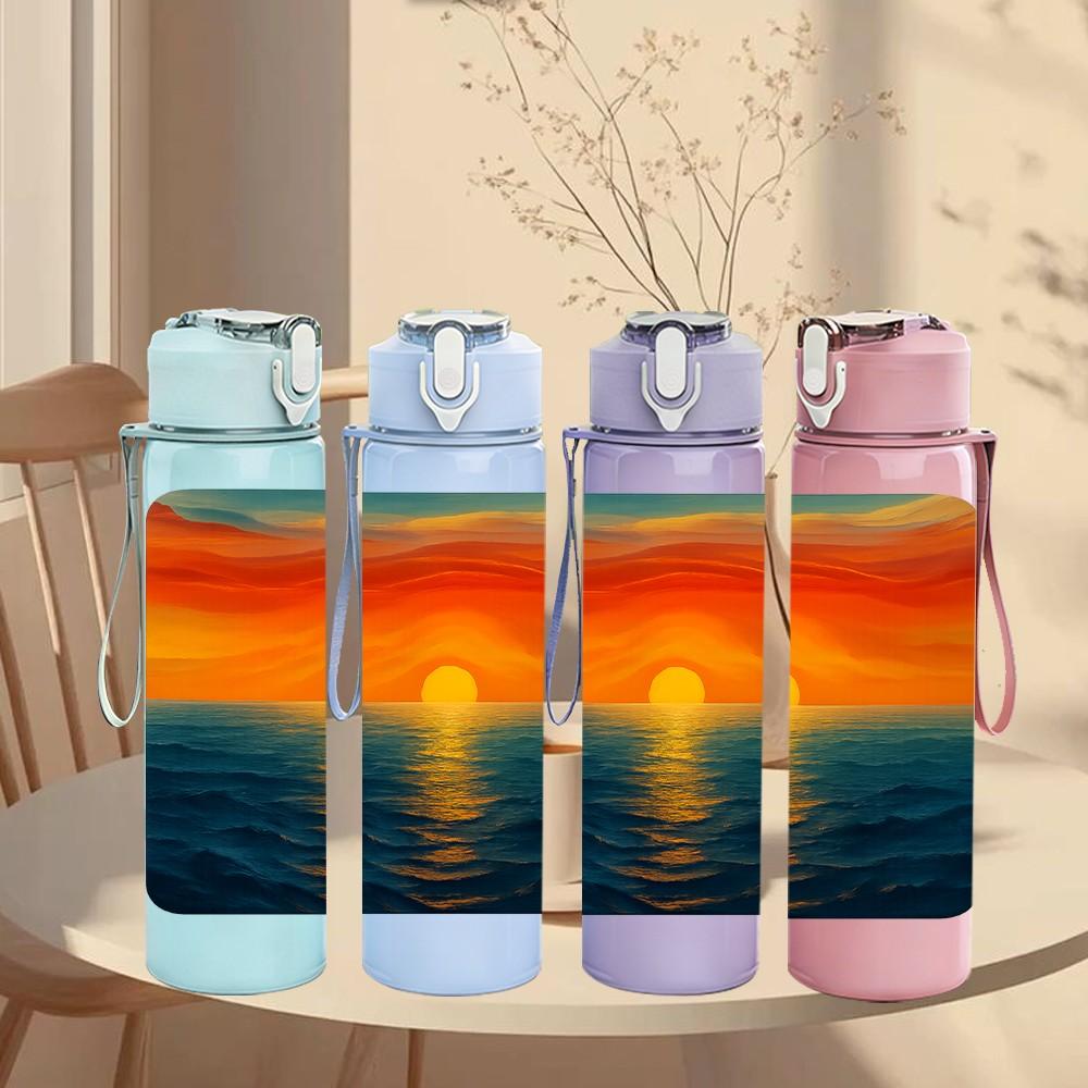 1PC Ocean Sunset Sky Landscape Print 750ml Color Plastic Sports Water Bottle Leakproof Flip Straw Lid Suitable for Sports Office Home Use