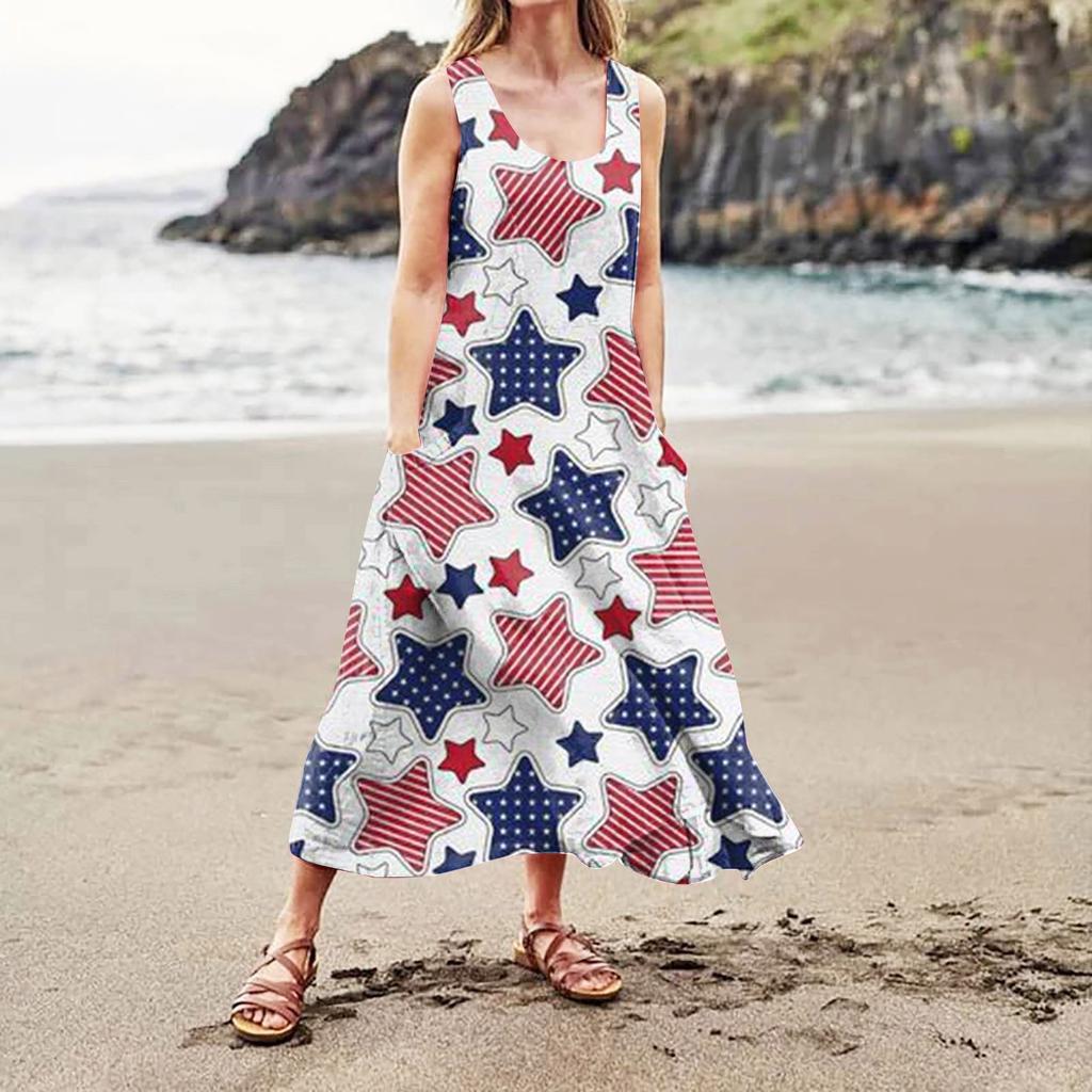 Women's Casual Comfortable Independence Day Print Sleeveless Cotton Pocket Dress