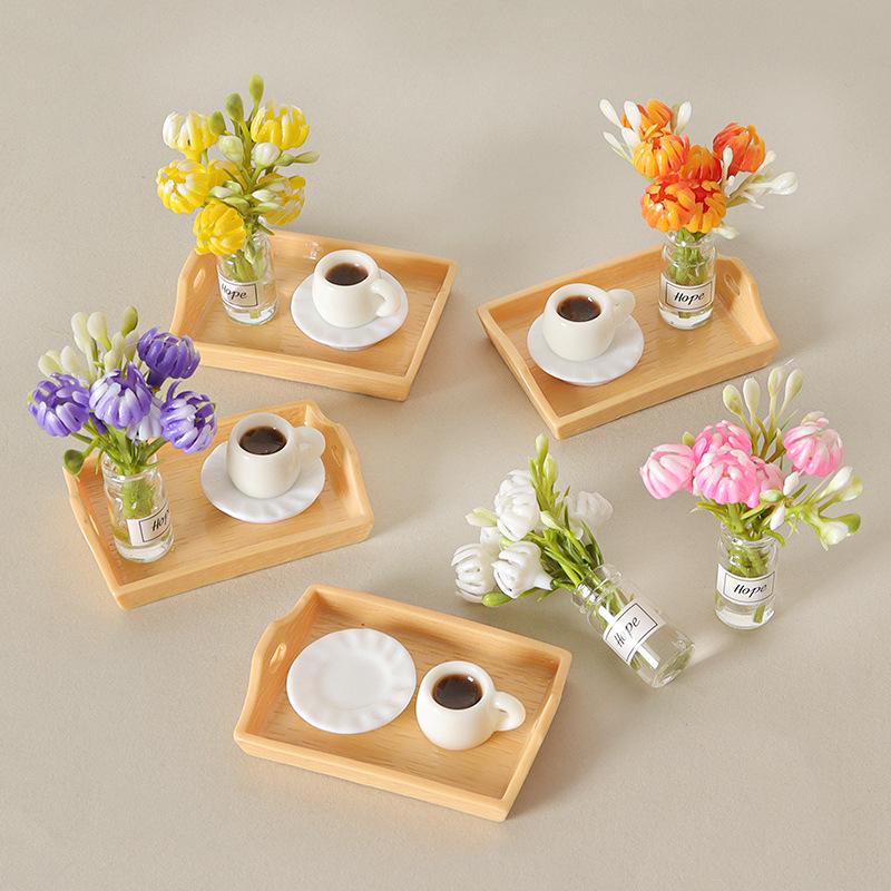 Miniature Dollhouse Coffee Cup Ornament Set - Handmade Tray & Vase Accessories
