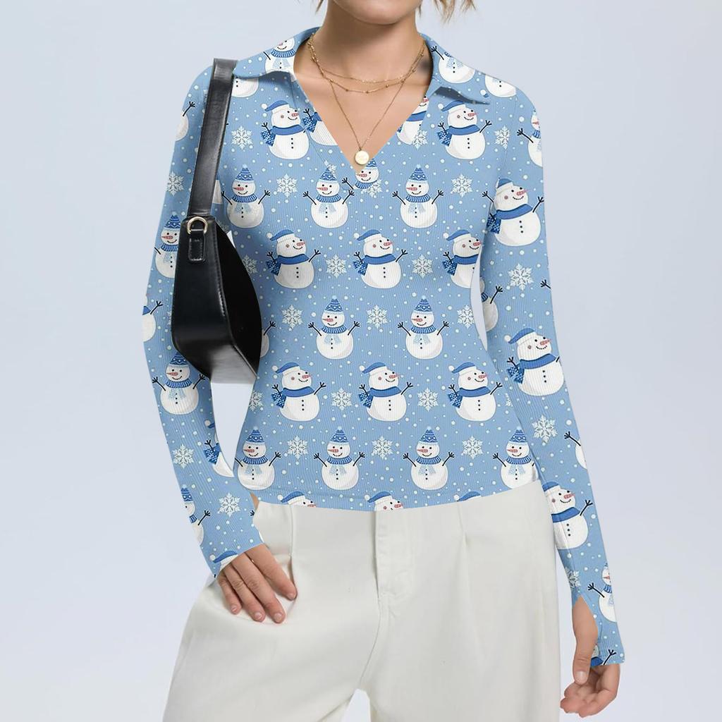 Damenmode Lässig Weihnachts-Print V-Ausschnitt Langarm Knopfleiste Oberteil