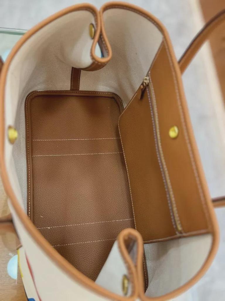 Women's Genuine Leather Garden Tote - 2025 Canvas & Cowhide, Large Capacity, Contrast Color Shoulder Bag