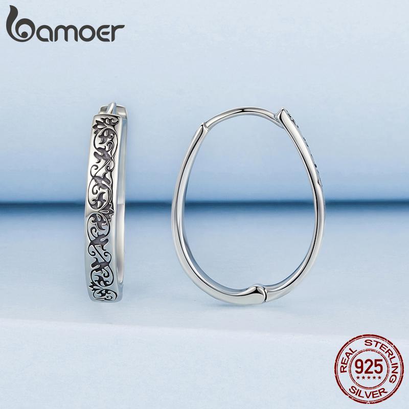 BAMOER 925 Sterling Zilver Vintage Patroon Grote Hoepel Oorbellen voor Vrouwen Gegraveerde Kraakbeen Oor Gespen voor Vrouwen Punk Cadeau