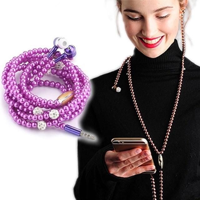 Stereo Pearl Headset Necklace Earphone In-ear Earbud Headphone 3.5mm Fashionable Pearl Necklace Headphone