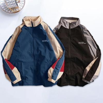 Men Jacket Color Block Loose Vintage Long Sleeves Zipper Closure Stand Collar Windproof Soft Streetwear School Baseball Coat Spring Fall Coat