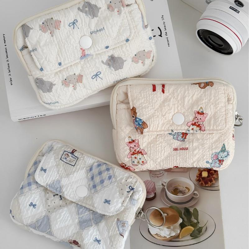 Cute Cartoon Bowknot Print Women's Zipper Change Bags Quilted Plaid Ladies Portable Clutch Storage Bag Female Multi Pocket Purse