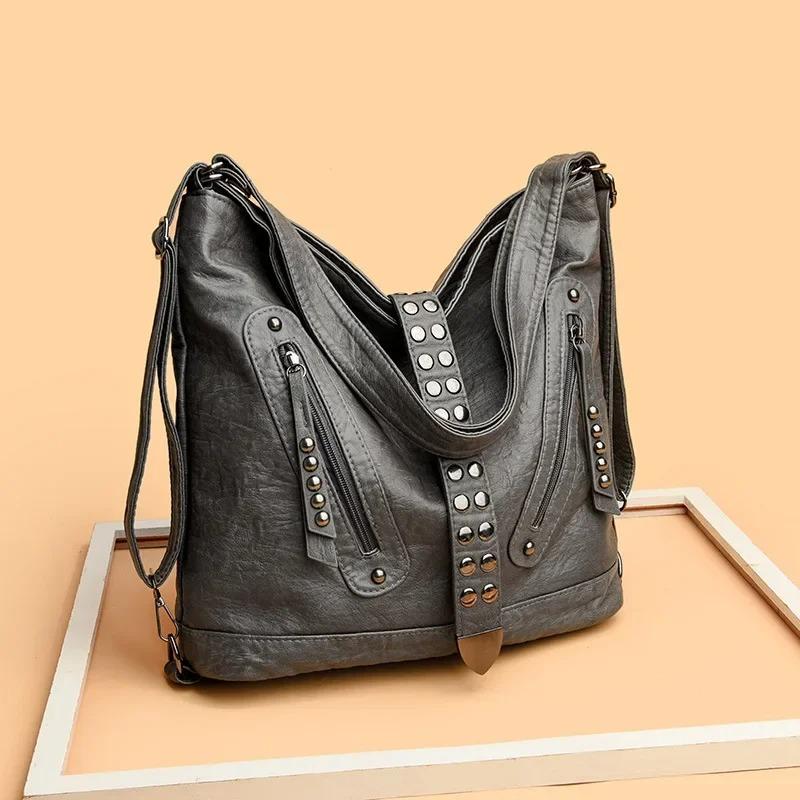 Borsa a Spalla Singola da Donna di Grande Capacità Retrò Design alla Moda con Borchie Multifunzionale Doppia Zaino Forma a Secchiello