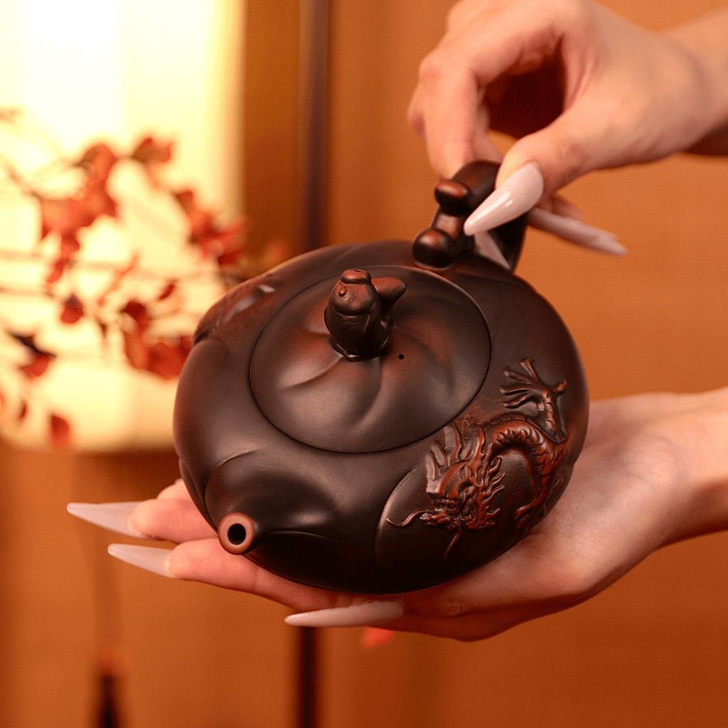260ml Purple Clay Dragon and Phoenix Teapot Large Capacity Handmade Tea Pot Home Use Retro High-end Tea Brewing Pot